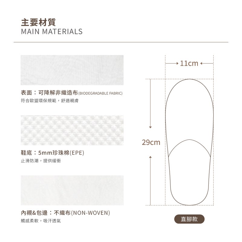 全自動量產系列-可降解非織造布主要材質表面 ：可降解非織造布(BIODEGRADABLE FABRIC)符合歐盟環保規範，舒適親膚 鞋底 ： 5mm珍珠棉(EPE)止滑防潮，提供緩衝 內襯&包邊 ： 不織布(NON-WOVEN)觸感柔軟，吸汗透氣